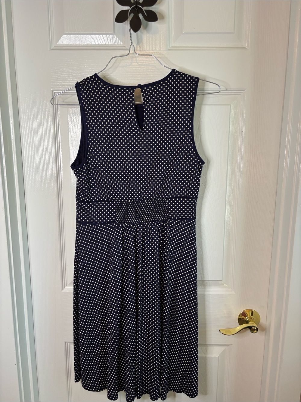 Loft Sleeveless Navy Polka Dot A-Line waisted Dress sz MP - Picture 4 of 7